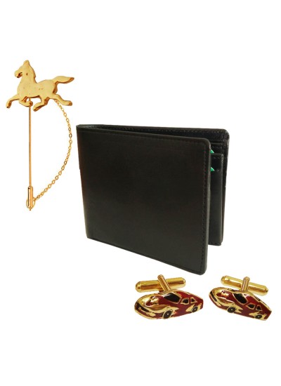 Menjewell Special Gift Multicolor Running Horse Stick lapel Pin & Car Design Cufflink With Wallet Combo For Men